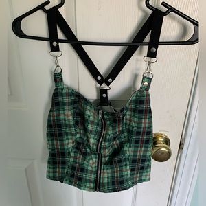 ROMWE Green plaid zip up crop top